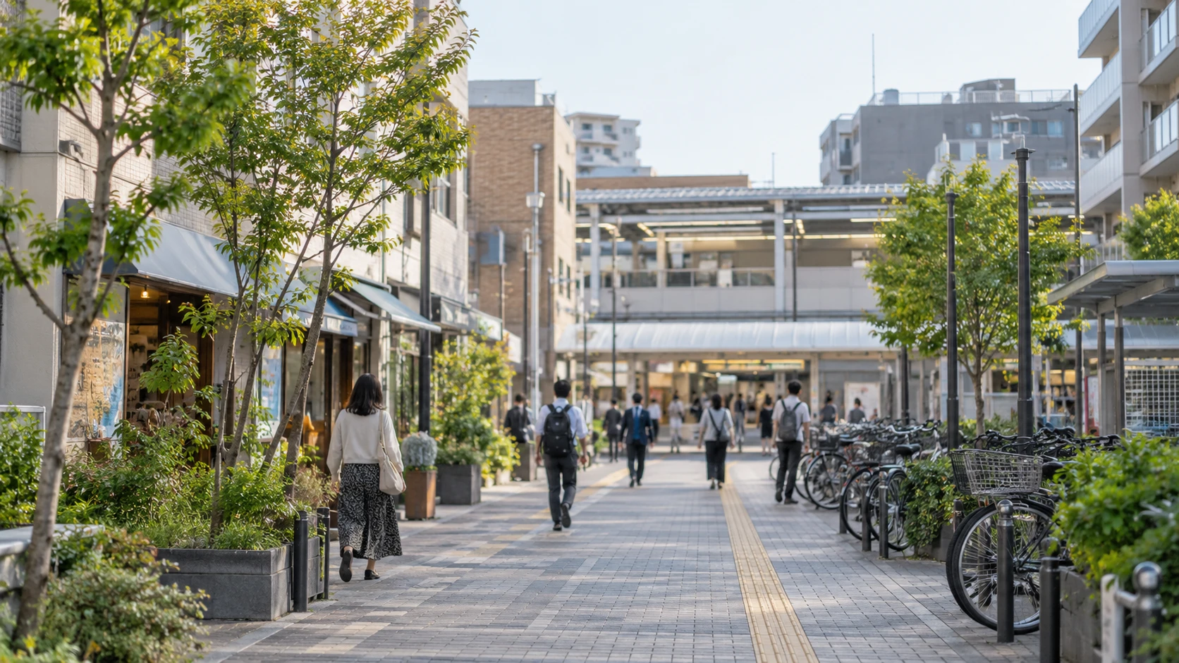 駅前の歩道と駐輪場のイメージ（写真はイメージです）