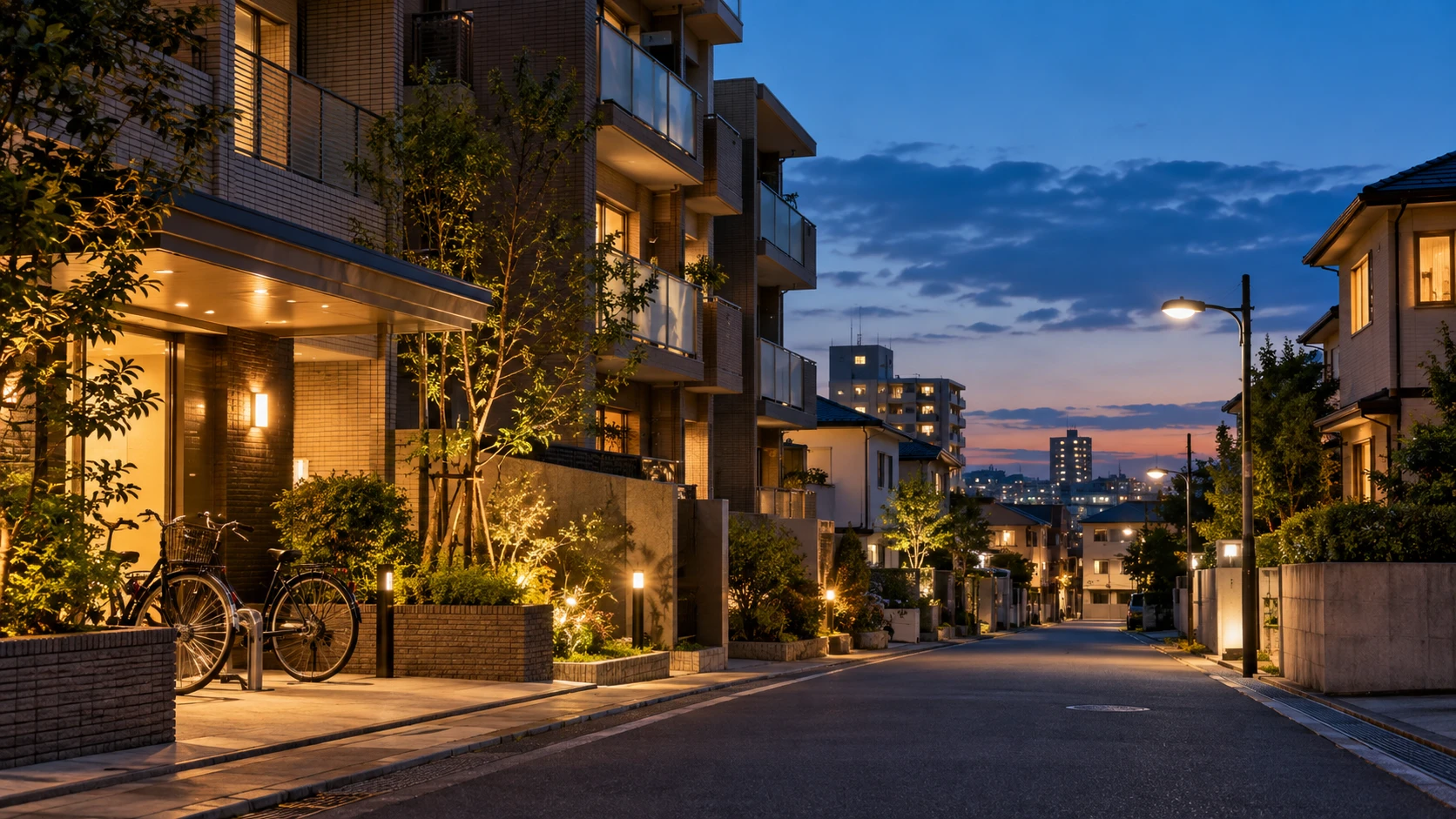夕暮れの住宅街とマンションのエントランスのイメージ（写真はイメージです）