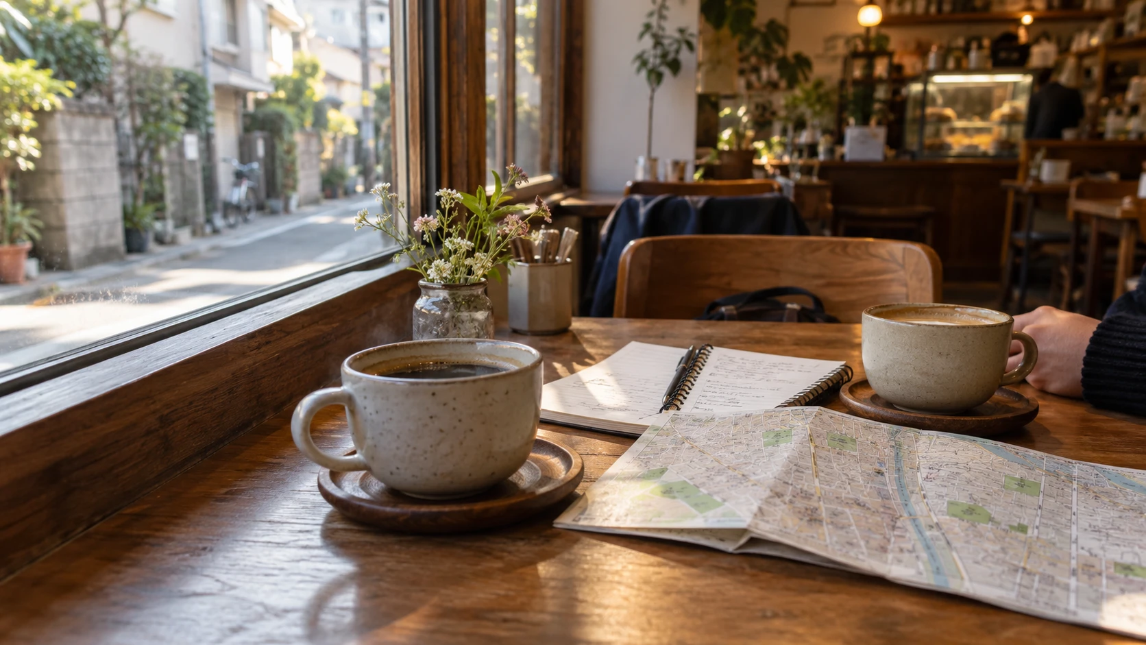 窓際のテーブルに並ぶコーヒーと街の地図