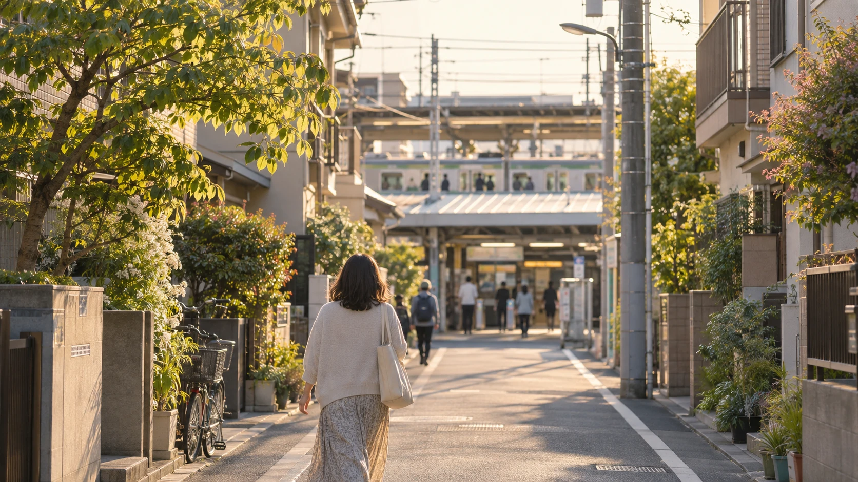夕方の光の中、駅へ向かって歩く人と東京の住宅街