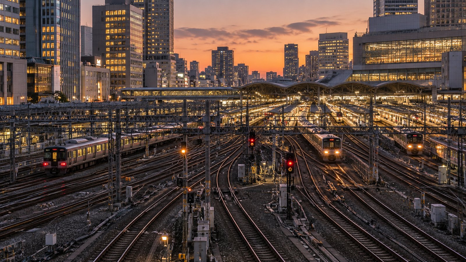 線路が集まる夕暮れの大きな駅