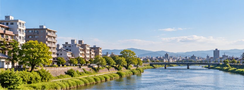 川沿いに低層の集合住宅が並ぶ朝の住宅地