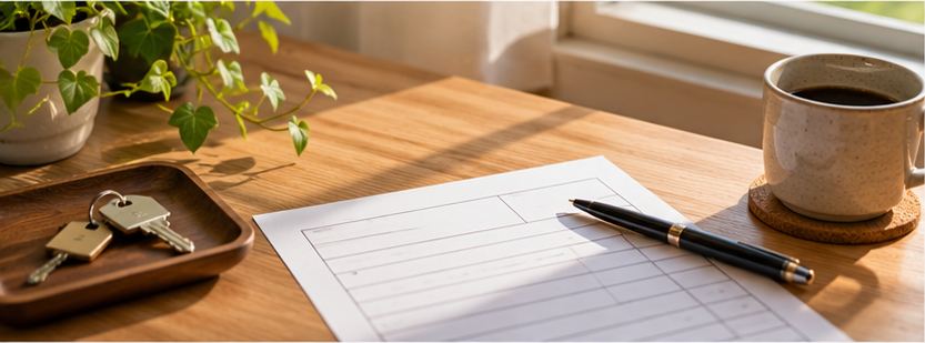 机の上の申込書とペン、鍵、コーヒー