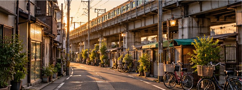 高架の線路の下に続く下町の通り