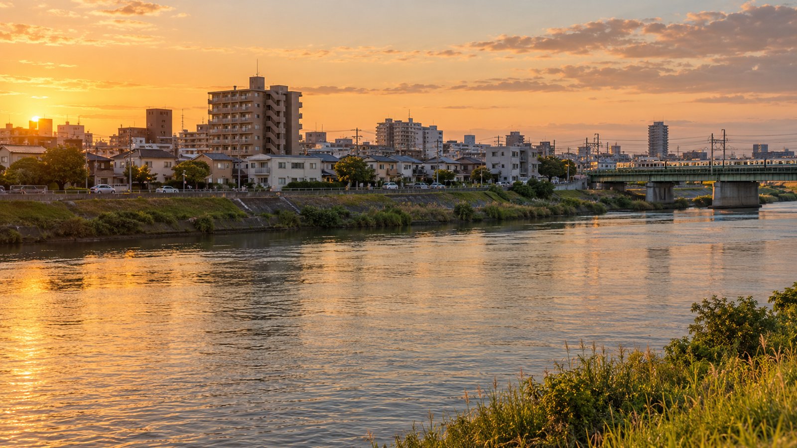 夕焼けの川と対岸の住宅地