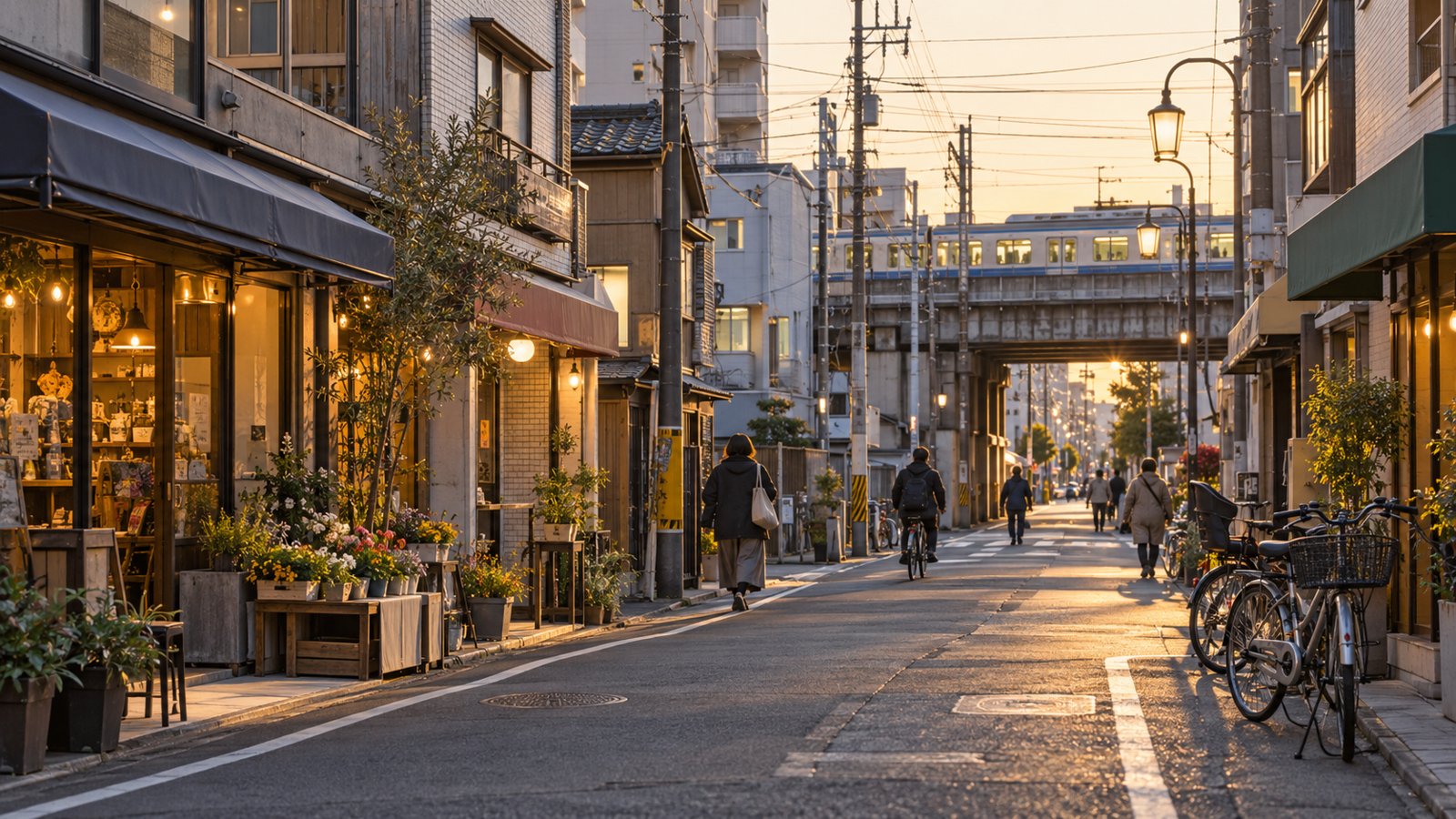 夕方の商店街、店先の灯りと高架の線路