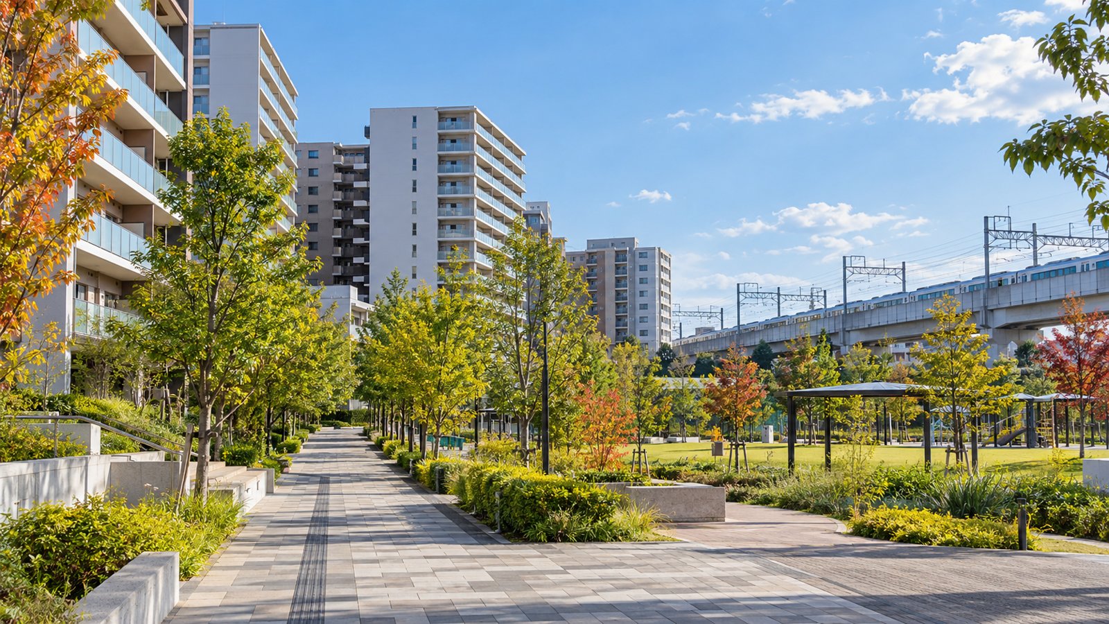 並木の遊歩道と新しいマンション