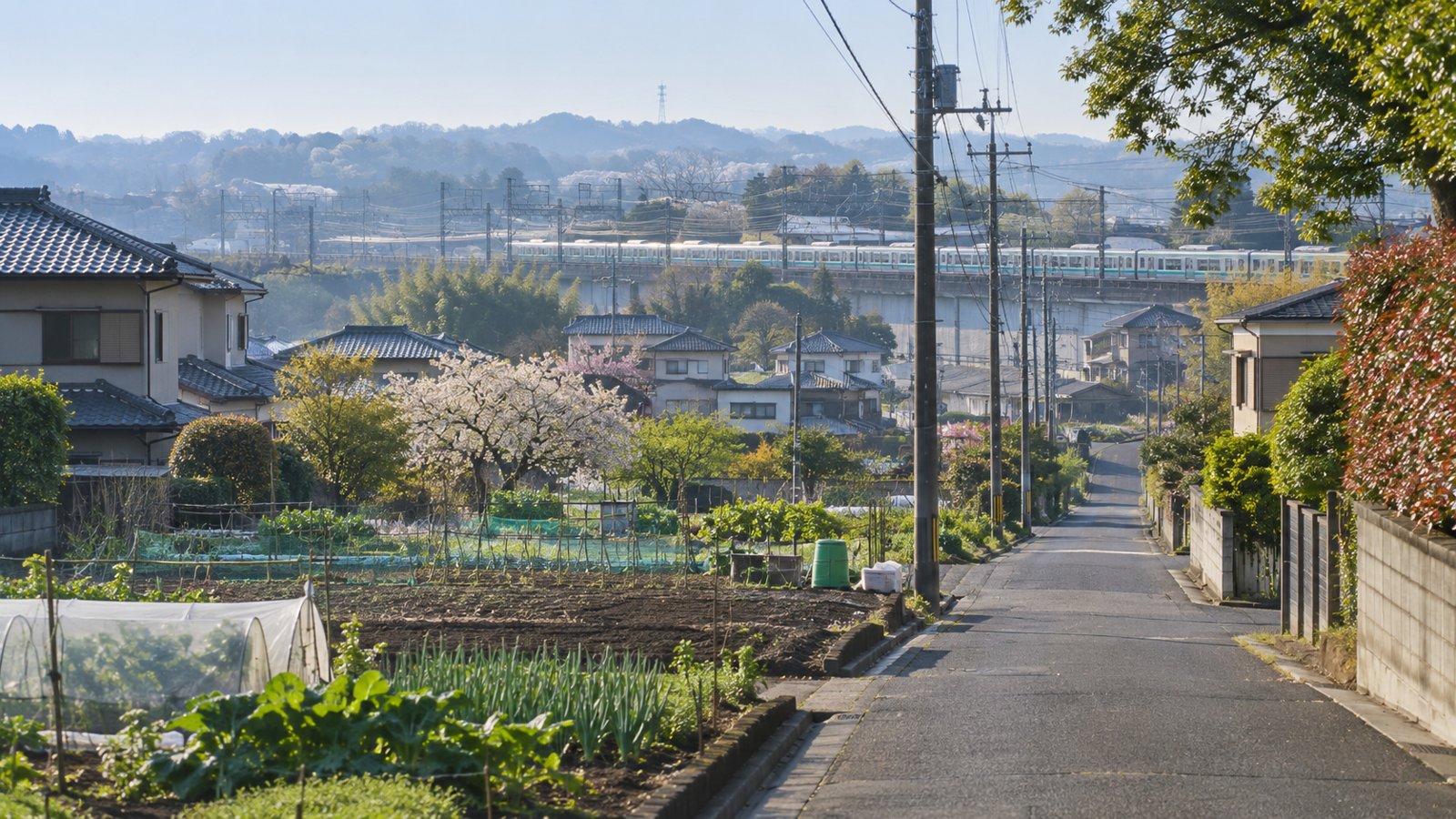 家庭菜園と住宅が広がる街はずれ