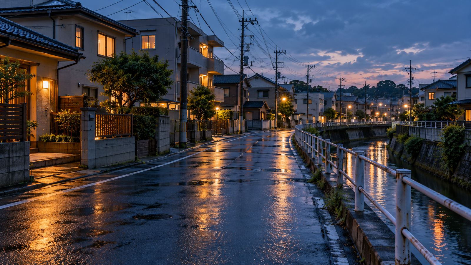 雨上がりの夕暮れ、水路沿いの住宅地