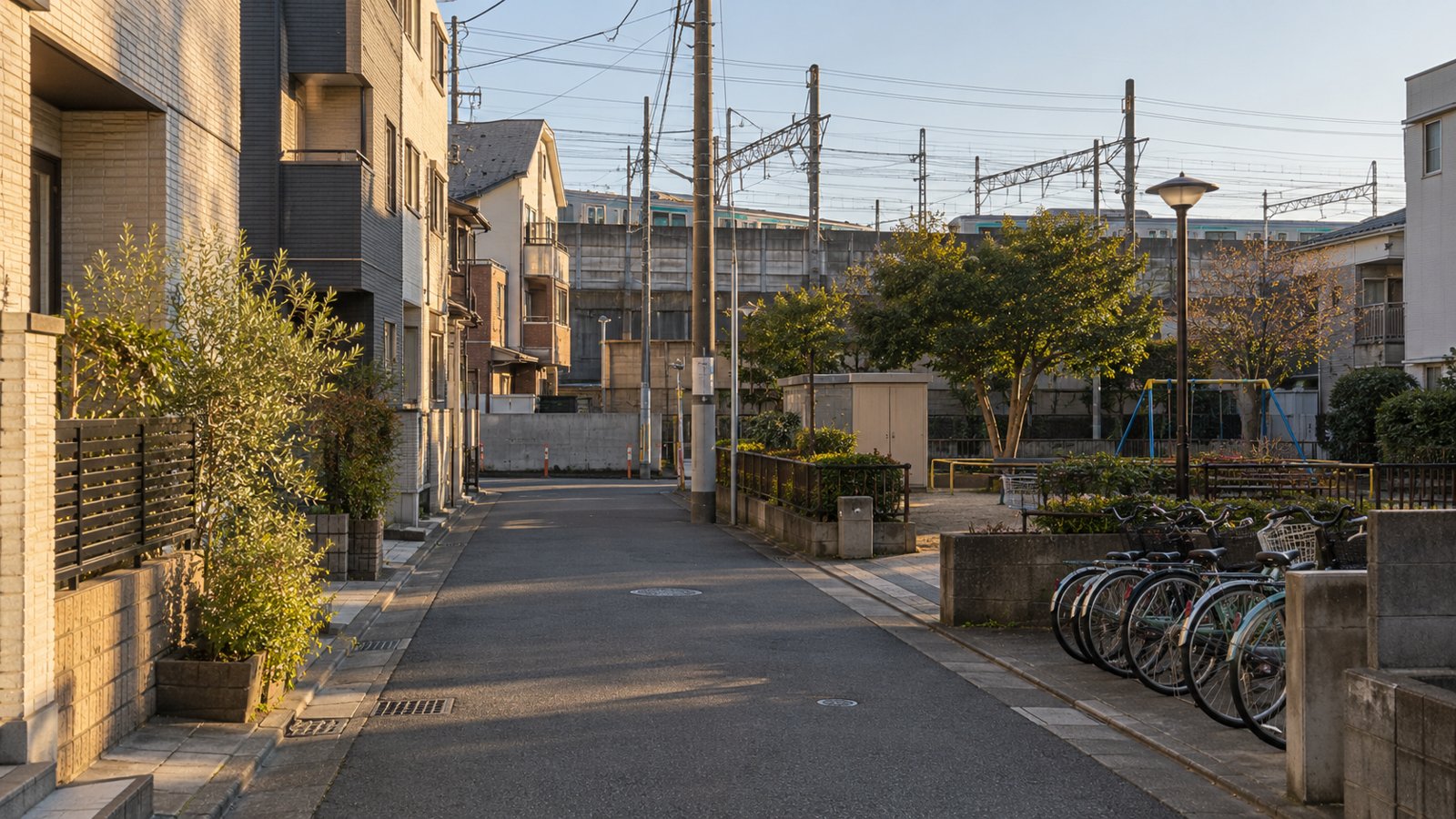 線路沿いの路地と駐輪場のあるアパート