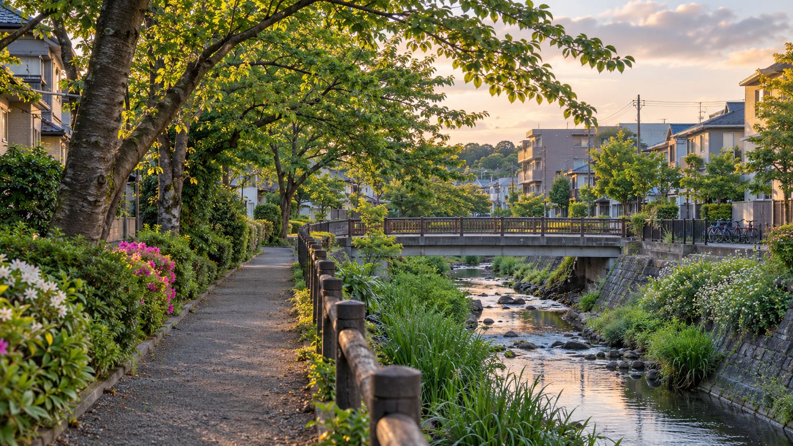 夕方の小川沿いの緑道