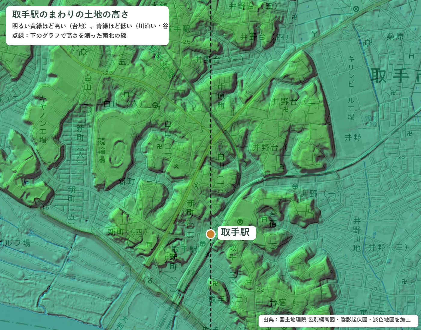 取手駅のまわりの土地の高さの地図
